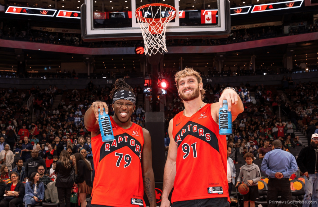 KSI and Logan Paul in Toronto Raptors Kit with Prime