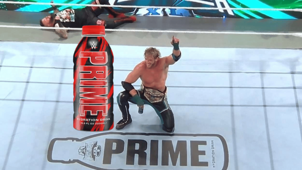 Logan Paul in the WWE ring with the new WWE Prime Bottle